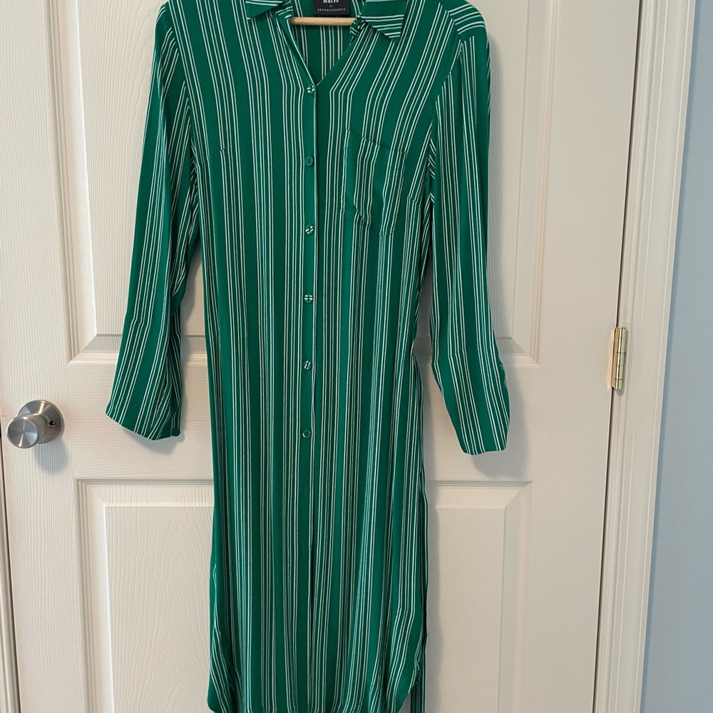 Anthropologie Green Long Sleeve Notched Collar Dress